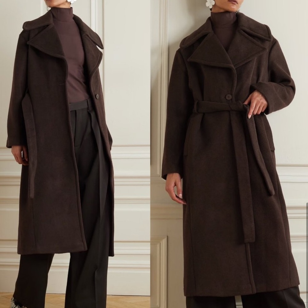 STAUD carver chocolate brown scarf detail wool coat